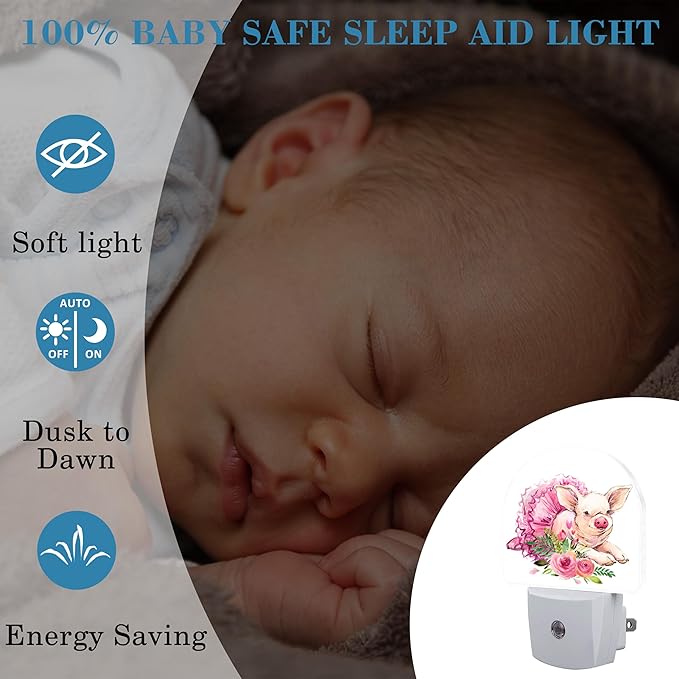 Watercolor Cute Flower Pig Night Light for Kids, LED Night Light Plug into Wall with Dusk to Dawn Sensor for Girls Boys Women Men Room Decor, Hallway, Kitchen, Bathroom, Nursery, Stairs
