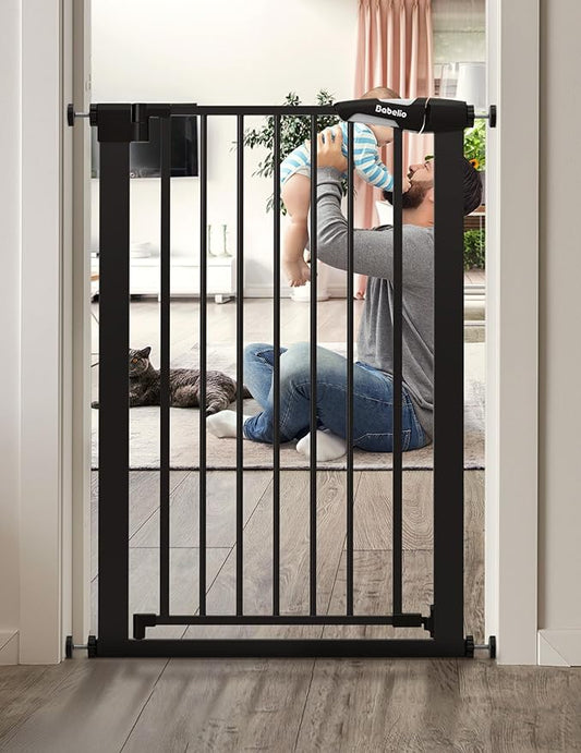 BABELIO 36" Tall Narrow Baby Gate, 26-28.5" Auto-Close Metal Pet Gate for Small Stairs/Doorways/Hallways, NO Drilling Pressure Mounted for Child and Pets, NO Extensions, Black