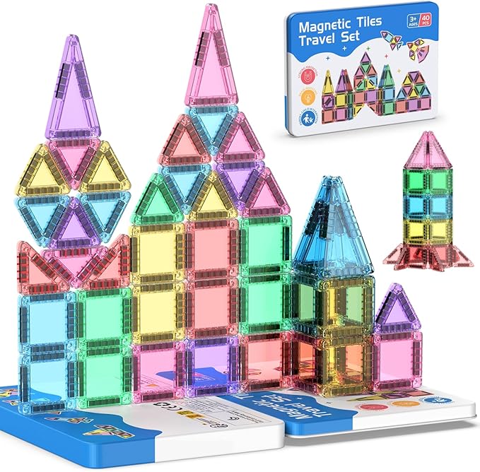 40PCS Mini Magnetic Tiles Travel Set, Portable STEM Building Blocks for Kids with Metal Storage Box, Montessori Sensory Toys for Classroom & Travel, Ideal Gift for Boys & Girls