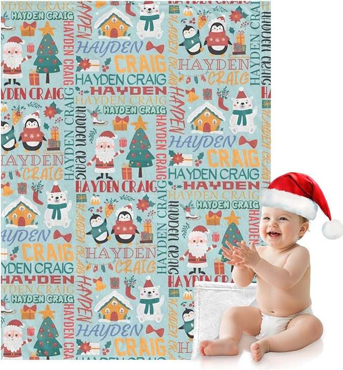 Ship Next Day - Custom Christmas Baby Blanket with Name | Multiple Styles Optional, Personalized Flannel Toddler Blanket, Christmas Swaddle for Boys & Girls, Xmas Decor Throw