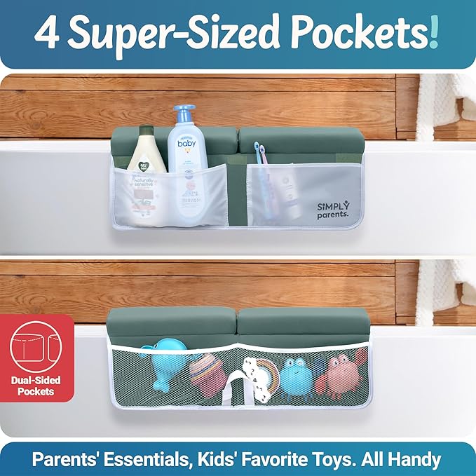 Baby Bath Kneeler and Elbow Rest Pad Set - Quick-Dry, Non-Slip Kneeling Pad for Bathing Toddler, Toy Organizer Pockets, Gift Box, Accessories for Tub, Green