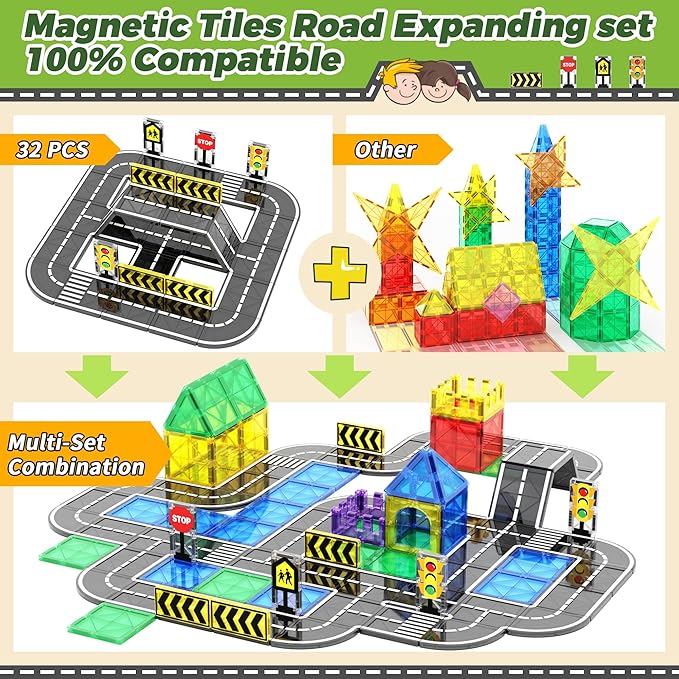 Magnetic Tiles Road Expansion Set, STEM Magnetic Building Blocks for Kids Ages 3-5 4-8 5-7, Preschool Learning Sensory Kids Toys for Toddler Birthday