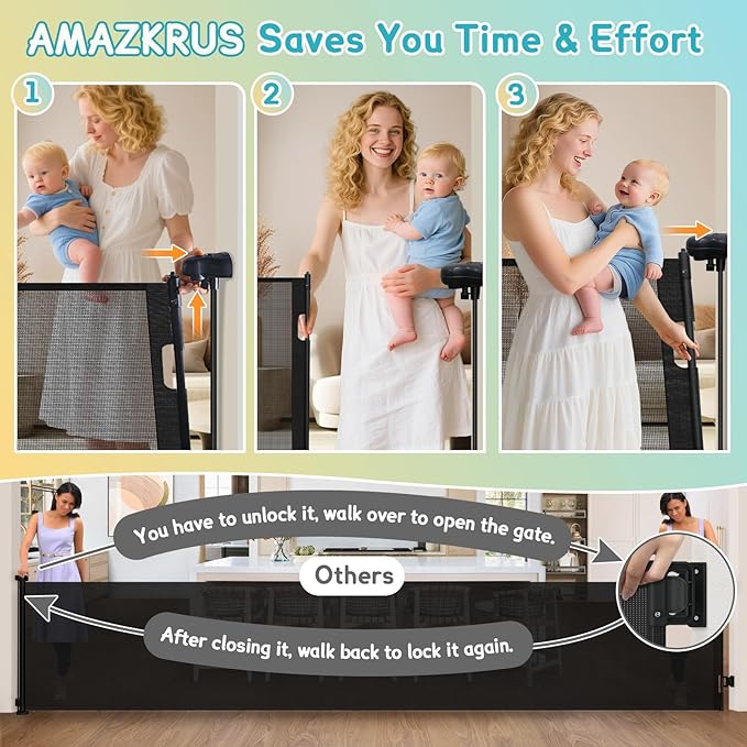 236'' Retractable Baby Gates Extra Wide, 42'' Extra Tall Retractable Dog Gate, 20 FT Black Indoor/Outdoor Retractable Gate with Reinforcement Rods for Garage, Doorways, Stairs, Decks, Driveway, Patio