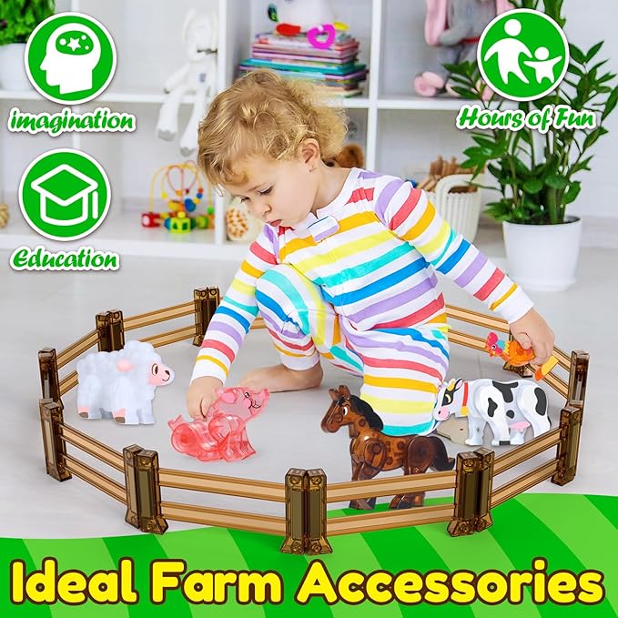 Oriate Farm Animals Fences Magnetic Tiles, 18pcs Magnet Fencing Compatible Garden Farming Zoo Dinosaur, Kids Magnetic Structural Construction Magnets Tile Building Blocks Toys Accessory