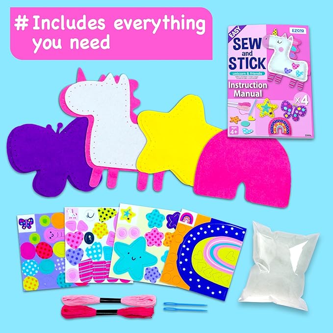 EZCRA Easy Arts and Crafts for Kids - No Mess Sewing Kit for Kids - 4 Easy to Do Unicorn Sewing Projects - Fun Felt Stickers - Tools with Instruction - Gifts for Girls Age 4,5,6,7,8