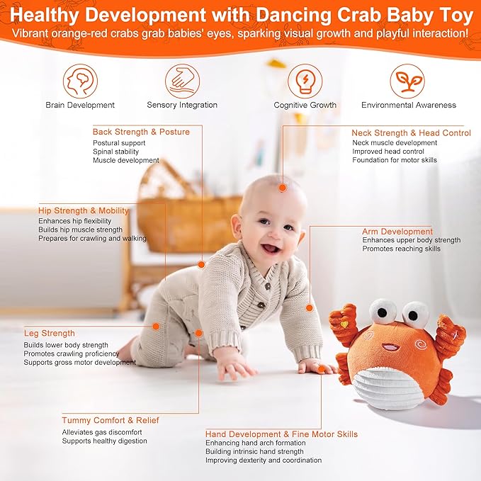 Musical Crawling Crab Toy – Ultra-Soft Dancing Baby Toy, Talking, Bouncing, Interactive Infant Sensory & Tummy-Time Motivator for 0–6 Months & 6–12 Months