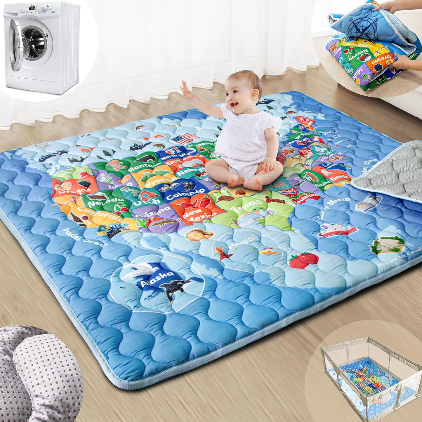 Baby Play Mats for Floor, 71”x59” Upgraded Thickness & Larger Super Soft Playmat for Babies and Toddlers, Foldable Washable, Upgrade Anti-Slip Crawling Mat for Playpen(Map)