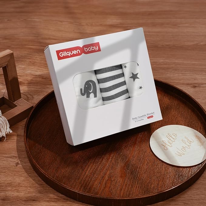 GLLQUEN BABY Swaddle Blankets for Baby Boy Girl, 3-6 Months, Gray Elephant Star & Stripe, 3 Pack Wrap Set, Newborn Adjustable Swaddles Sleep Sack,(Medium/Large)