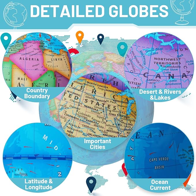 13" Illuminated Globes, 720° Spinning Globe with Touch Switch & Light Up Without Charging & 3 LED Lighting Modes for Classroom Education & Bedroom Decor, Inspire Geography Interest