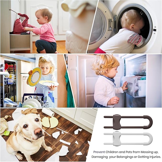 Jetec 10 Pieces Cabinet Locks for Babies, U-Shaped Proofing Drawers Safety Child Locks Adjustable, Easy to Use Childproof Latch for Knob Handle on Kitchen Door Storage Cupboard Closet (Brown,White)