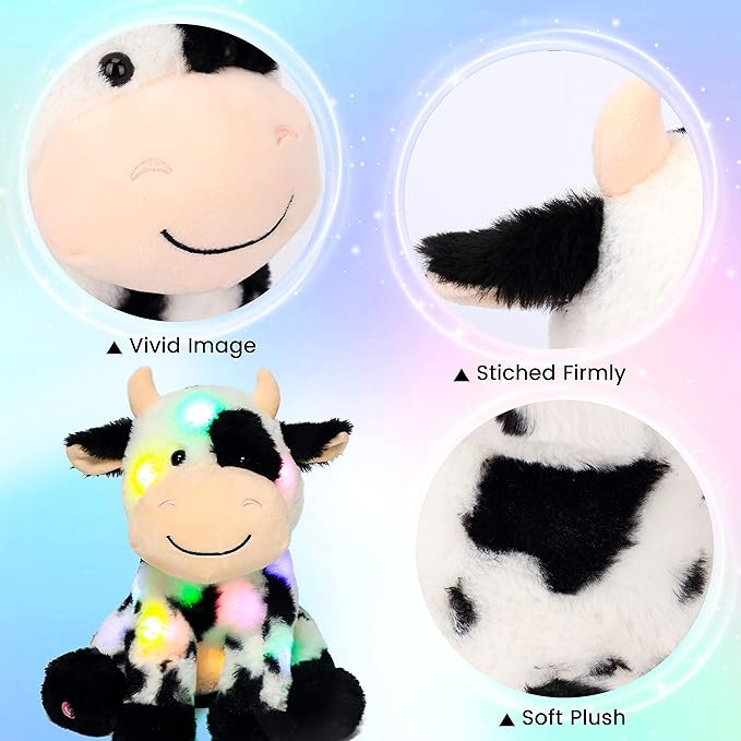 Hopearl LED Plush Smile Cow Light up Stuffed Animal Diary Cattle Floppy Night Lights Glow in The Dark Birthday Festival for Kids Toddler Girls, 11''