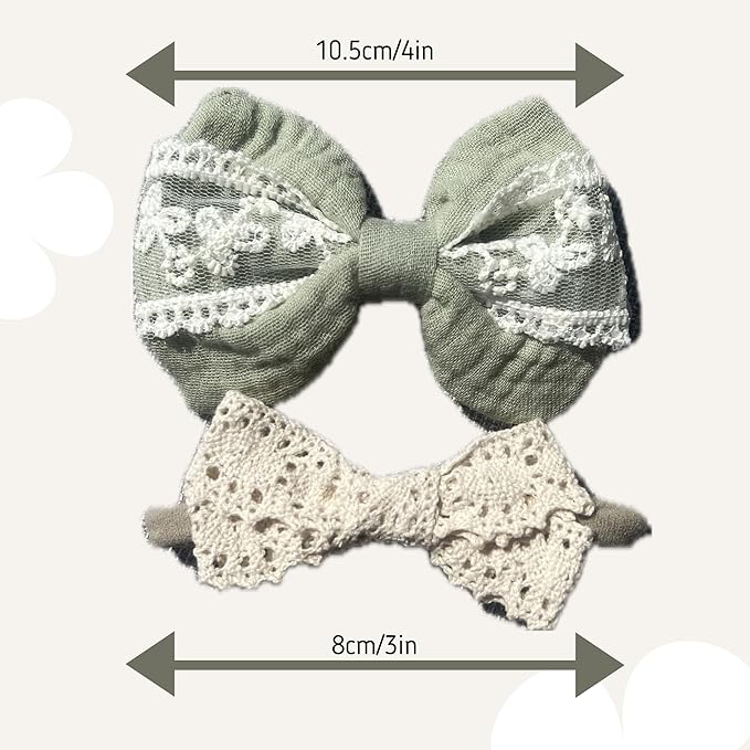 Baby Girl Gift Set, Muslin BoHo Bib with Lace and Matching Bows, Absorbent Cotton Adjustable Bib for Newborn Infant Toddler