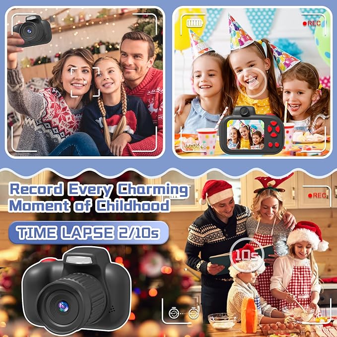 Temodu Kids Camera, Best Birthday Festival Toys Gifts for Girls Boys Age 3 4 5 6 7 8 9 10 11 12 Year Old, Digital Camera for Kids with Video, Toy Camera Toddler Camera for Girls with 32GB Card - Black