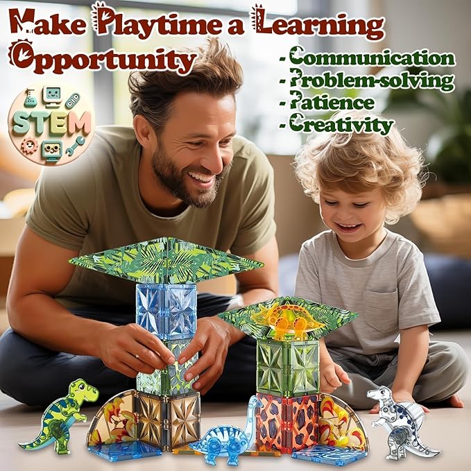 Magnetic Tiles Dinosaur Toys for Kids 3-5 5-7 Magnet Building Blocks Toddler Toy Dinosaurs - 3 Year Old Boy Gift STEM Learning Resources for Kids Ages 3 4 5 6 7 8 Gifts for 4 Year Old Boys