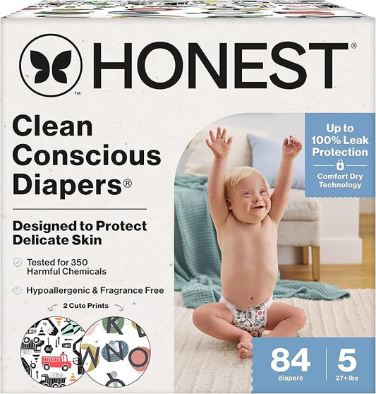 The Honest Company Clean Conscious Diapers for Sensitive Skin, Up to 100% Leakproof Hypoallergenic Fragrance-Free Baby Diapers, Gender Neutral Prints, Super Club Box, Size 5 (27+ lbs), 84 Count