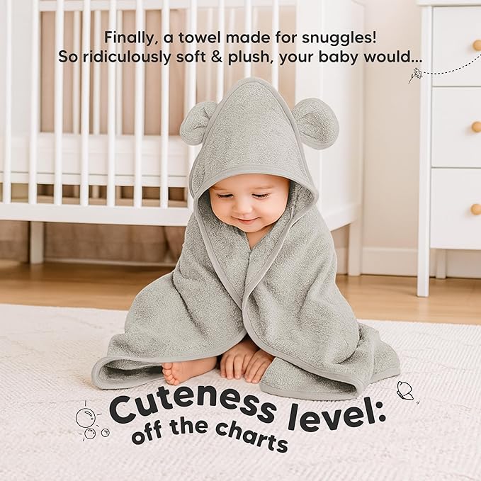 KeaBabies 2-Pack Hooded Baby Towels for Newborn - 30x30 Soft & Absorbent Viscose from Bamboo Baby Bath Towels with Hood for Infant, Toddler,Kids,Boys Girls,Newborn Bath Essentials (Graphite, Petite)