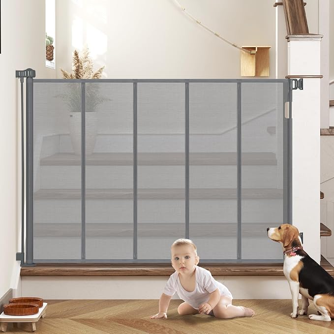 47” Extra Tall Retractable Baby Gate, Reinforced Mesh Dog Gate Extends to 59" Wide, Baby Gate for Stairs, Doorways, Hallways, Indoor and Outdoor, Grey