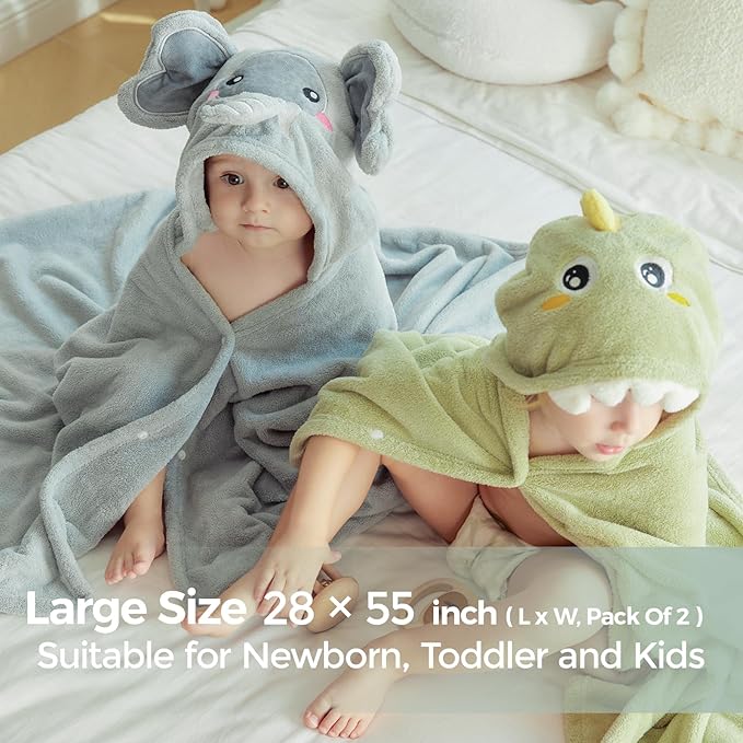 Momcozy Baby Bath Towels with Visualize Health Label - Ultra Soft & Absorbent Coral Fleece Hooded Towels for Newborn, Infant, Toddler (0-36 Months) Bath Essentials (Large Size,2 Pack)