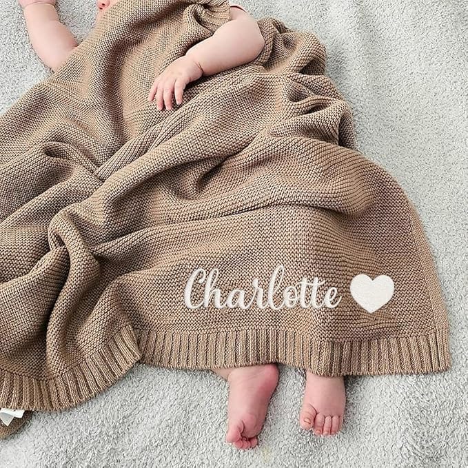 Luxury Personalized Name Knitted Baby Blanket -Embroidered, Soft Breathable Cotton Knit for Newborns - Valentine's Gift for New Moms, Baby Boy, Girl Birthday, Christmas.