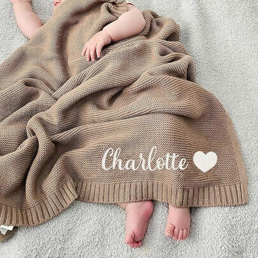 Luxury Personalized Name Knitted Baby Blanket -Embroidered, Soft Breathable Cotton Knit for Newborns - Valentine's Gift for New Moms, Baby Boy, Girl Birthday, Christmas.