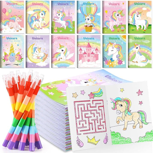 BenLouis 12 Unicorn Mini Coloring Books Kids with 12 Stacking Crayons Unicorn Birthday Party Favors Small Activity Books Bulk for Kids Rainbow Party Gift Goodie Bag Stuffers