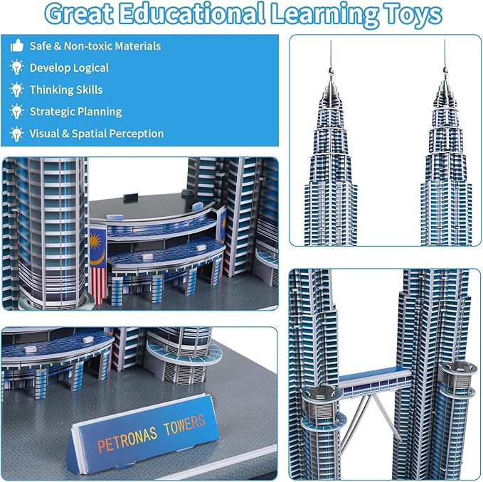 3D Puzzles for Adults & Kids, Petronas Twin Towers City Architecture Building Model Kit, 3-D Jigsaw Puzzles DIY STEM Desk Toys Christmas Birthday Gift for Hobbyist Teens Boys Girls 10-12-14, 130 PCS