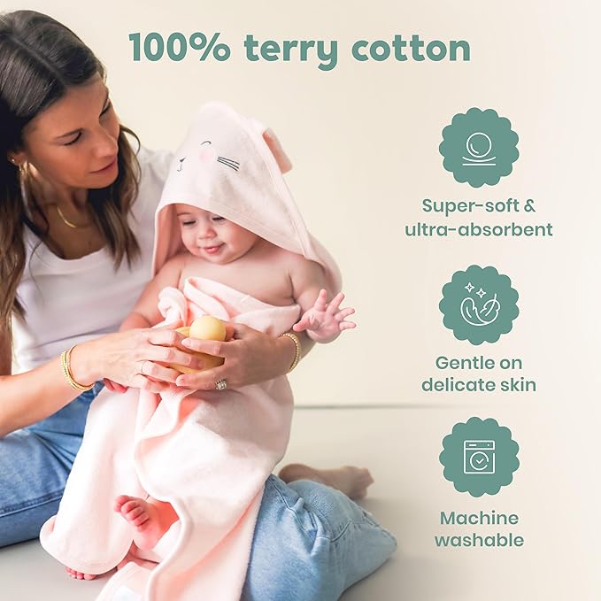 CuddleBug Hooded Baby Bath Towel & Washcloth Set (Bunny) - 100% Cotton Terrycloth Hooded Baby Towels for Newborn & Toddler, Super-Soft & Ultra-Absorbent, Newborn Essentials (30" x 30") - Blush Pink