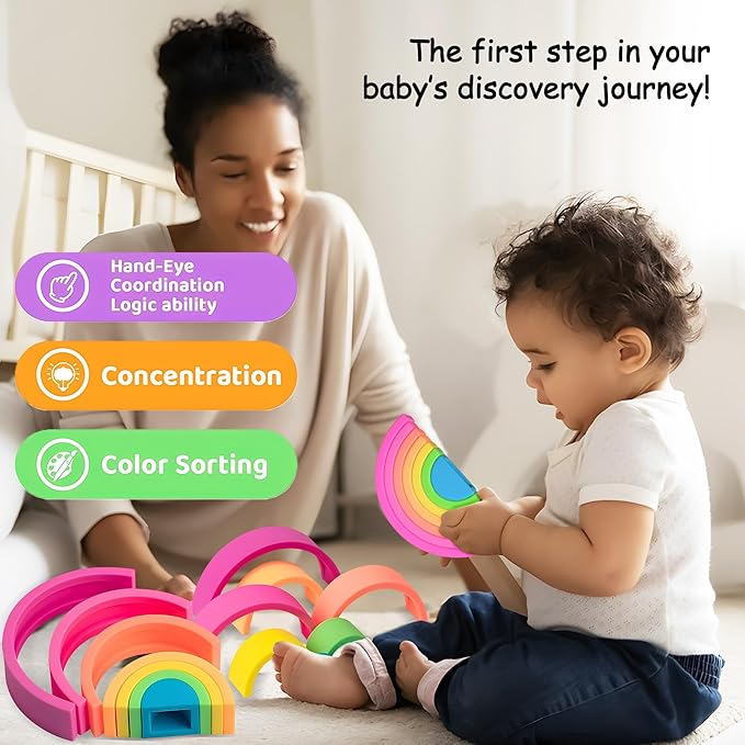 Silicone Stacking Toys for Babies, Rainbow Stacker, Montessori Nesting Blocks Soft Building Toys Large Sensory Stacking Toys for Creative Play & Learning, for Toddlers, 7CPS