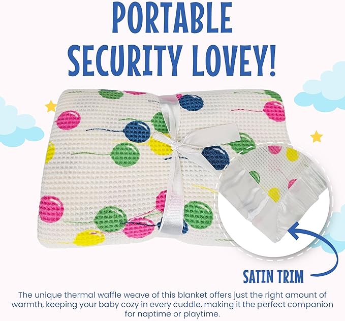 Thermal Waffle Knit Baby Blanket - Soft Breathable Mini Blanket for Newborns and Infants - Toddler Blankey for Strollers, Travel, Naptime and More - 18" x 20" (Balloon Multi, Satin Trim)