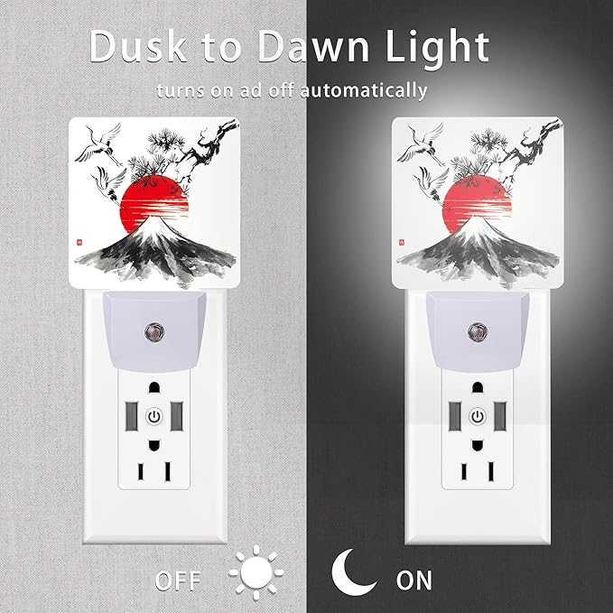 Mountain Fuji Night Light,Sun and Storks Japanese Landscape Night Lights Plug into Wall Led Night for Boys Girls Gifts, Dusk to Dawn Sensor Nightlight 0.5W Sleep Friendly