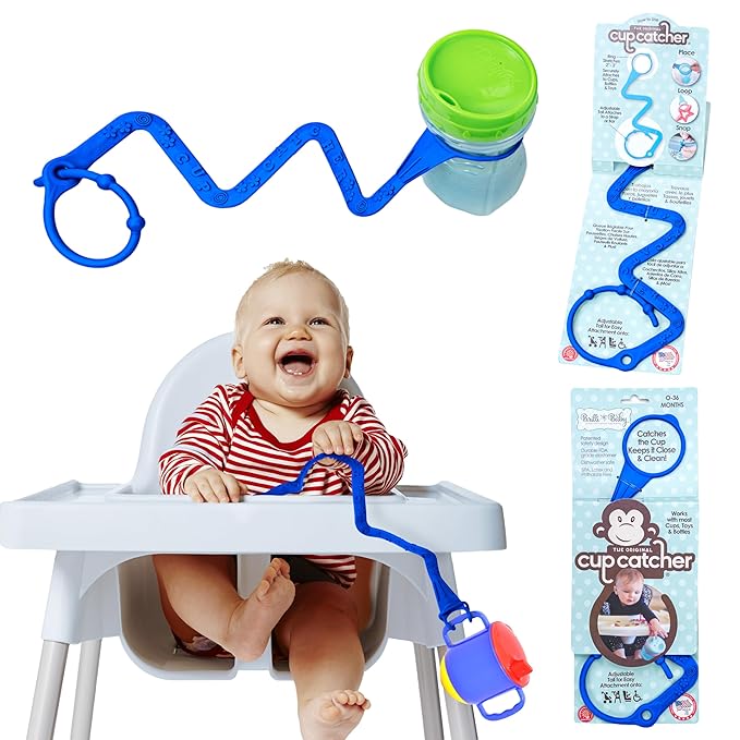 Brilli Baby Cup Catcher Patented Safety Tether Strap, Attach Sippy Cups, Bottles, Pacifiers & More to Stroller, High Chair, Car Seat, Made in USA, Food Grade, Dishwasher Safe (Navy)