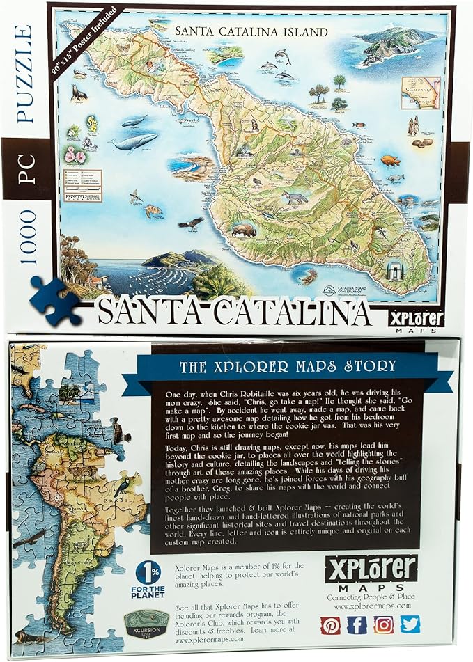 Santa Catalina Island Map Cardboard Jigsaw Puzzle - 1000 Pieces, Hand-Illustrated - Educational, Family Activity, Ages 7+, Includes Poster - 25.4 x 19.8
