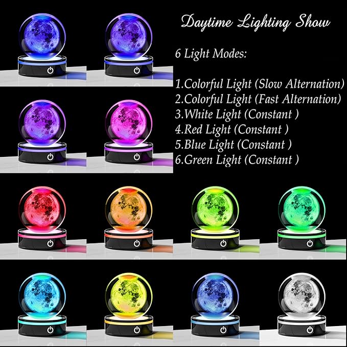 3D Moon Model Crystal Ball Led Lamp Base - Space Decor World Globe Planets Sphere Night Light 80mm 3.15 Inch - Solar System Decor Best Birthday Astronomy Gifts for Men Physics Science Teacher