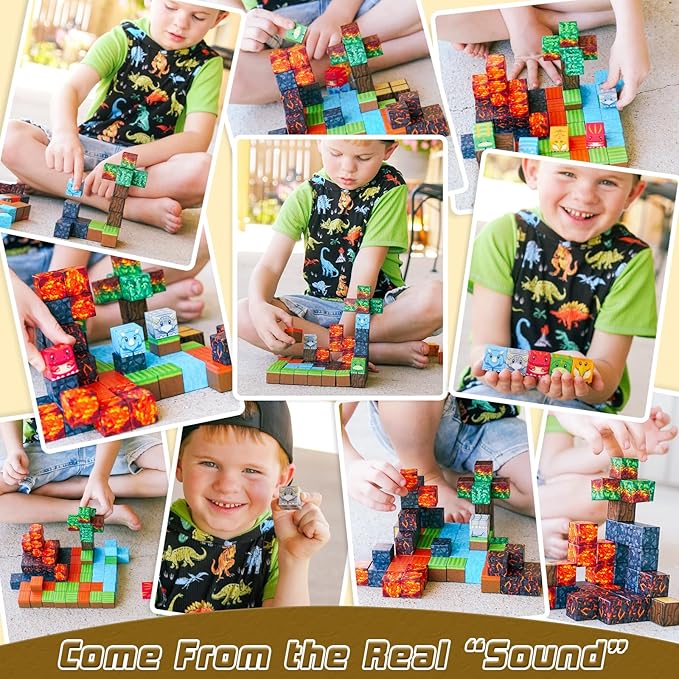 Dinosaur Toys Magnetic Blocks-Build Mine Magnet World Volcano Edition Kids Toy for 3+ Year Old Boys and Girls Building Blocks Toddler Toys Games Through Jurassic Learning Sensory Toy Gifts