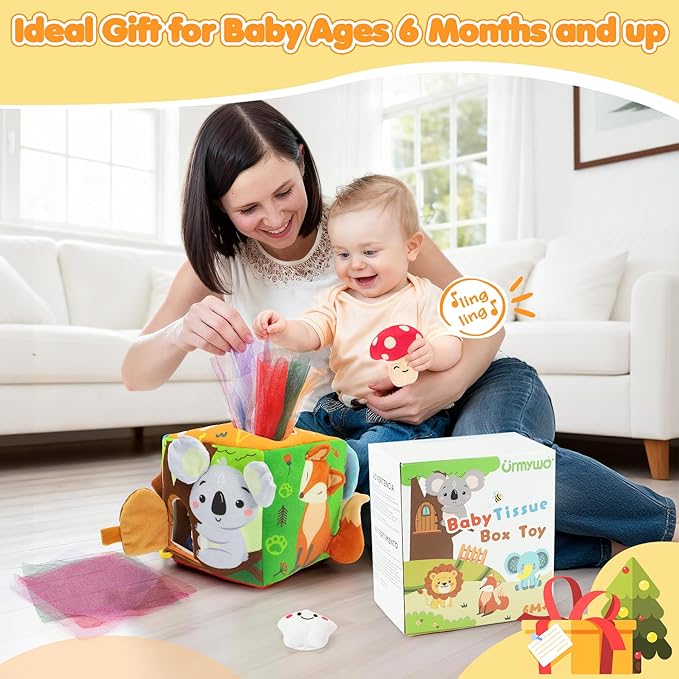 Baby Tissue Box Toy - Baby Toys 6-12 Months Montessori Toys for 6 Month Old with Squeaking Toy Cat, Rattle, Silk Scarves, Safety Mirror, for 1 Year Old - Boy Girl Gifts for Babies 6 9 12 18 Months Old