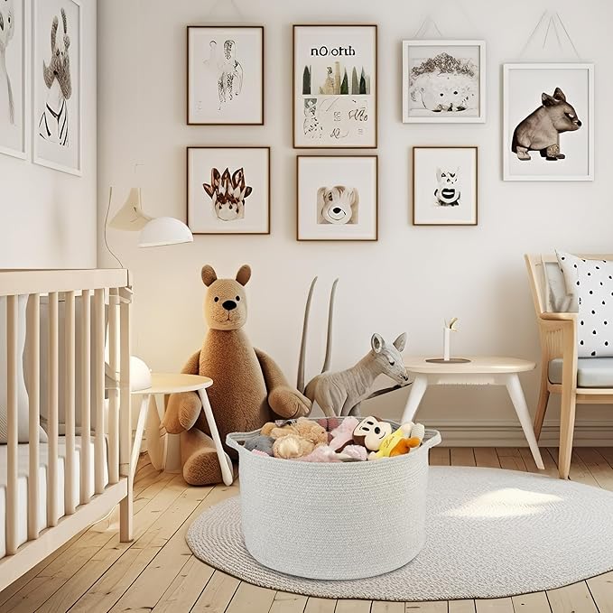 Large Cotton Rope Basket – 22"x14" Woven Storage Baskets for Blankets, Toys, Laundry, and Nursery – Round Basket for Living Room, Kids, and Pets Grey