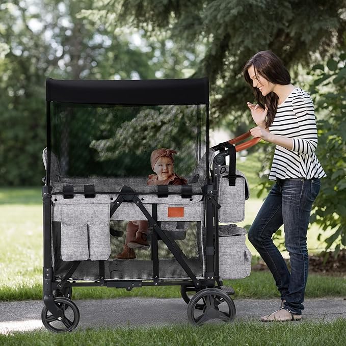 Wagon Stroller for 2 Kids, High Seat & 5 Point Harness, Foldable All-Terrain Wagon for Toddler with Canopy, Parent Organizer, Shoulder Bag, Adjustable Handlebar, Ultimate Double (Gray)