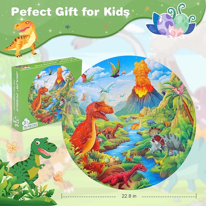 Civaner 70 Pieces Floor Puzzles for Kids Large Puzzles for Kids Ages 3 4 5 6 7 8 Jigsaw Puzzle Educational Puzzle Toy Gifts for Toddlers Boys Girls Baby Shower Birthday(Jurassic Dinosaur)