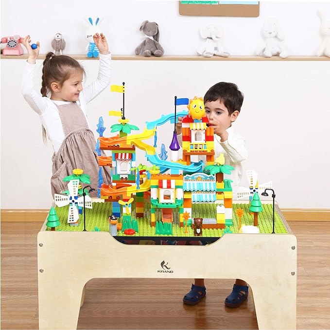 Kid's All-in-One Activity Play Table with 290 Building Bricks and 30-Piece Wooden Train Set Railway,Cars,Track and Accessories for Toddlers Boys and Girls Children's Toy Playset Game Desk