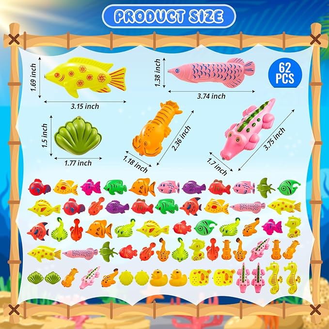 62Pcs Magnetic Fishing Game for Kids, Bathtub Kiddie Party Toy, Plastic Floating Fish with Pole Rod Net, Bath Toys for Kids Ages 4-8