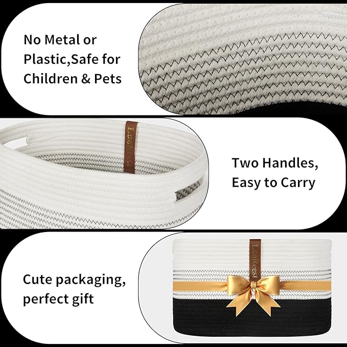 15"x10"x9" Storage Basket (3 Pack), Woven Baskets for Shelves, Blanket Storage for Living Room, Toy Basket for Nursery, 100% Cotton Rope, Safe for Baby