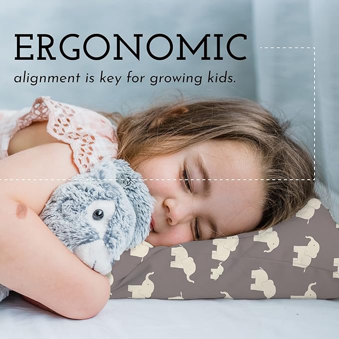 Little Sleepy Head Toddler Pillow with Pillowcase 13x18 - Kids Pillow for Sleeping - Better Neck Support Ergonomic Pillow and Toddler Pillowcase - Best Pillows for Kids (Elephant Gray)
