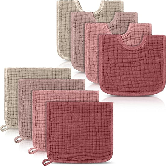 Tallew 8 Pack Muslin Burp Cloths and Baby Bibs for Boy Girl 20" x 10" Cotton Baby Bandana Drool Bibs Muslin Burp Cloths Absorbent Rag for Newborn Toddler Infant Gifts(Dark Pink)