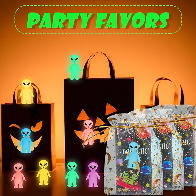 40 Pcs Glow in The Dark Mini Alien Figures Set with Card and Gift Bag for Space Birthday Party Favors Halloween Little Small Tiny Alien Figurines Statue for Hide and Seek (Colorful)