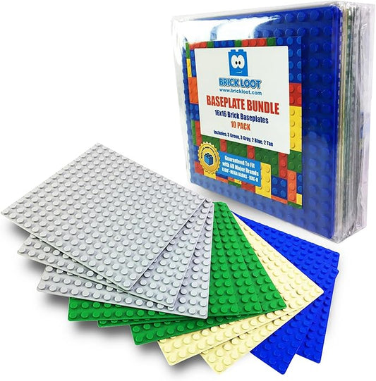 Brick Loot Classic Baseplates – 5" x 5" 10-Pack Building Plates, Compatible with Major Brands, 16x16 Variety Base Plate for Creative Play, Durable Green,Grey,Blue Construction for Kids Ages 3+