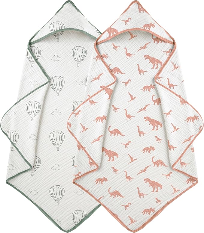 Muslin Hooded Baby Towels for Newborns, 32"x32", 100% Cotton – 6 Layers Super Soft Absorbent Breathable, Baby Bath Towel, Toddler Bath Towel – Pack of 2
