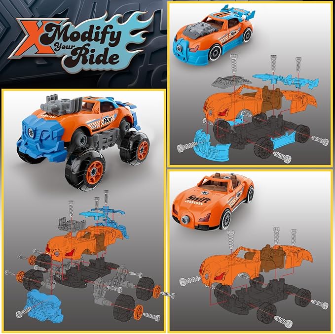 3-in-1 Take Apart Car for Boys Ages 3 4 5 6 7, Building Toys with Electric Drill, 43 Pcs Construction Toy Truck, Build Your Own Car with Play Tools, Ideal STEM Gift for Kids Children (Orange)