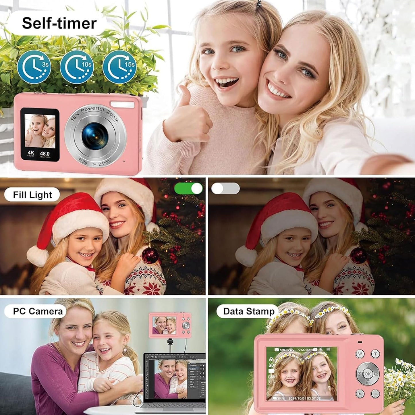 Digital Camera,Autofocus 4K Vlogging Camera for Photography with 32GB Card,48MP Portable Compact Point and Shoot Kids Digital Cameras for Kids Boys Girls with 18X Zoom,Anti-Shake