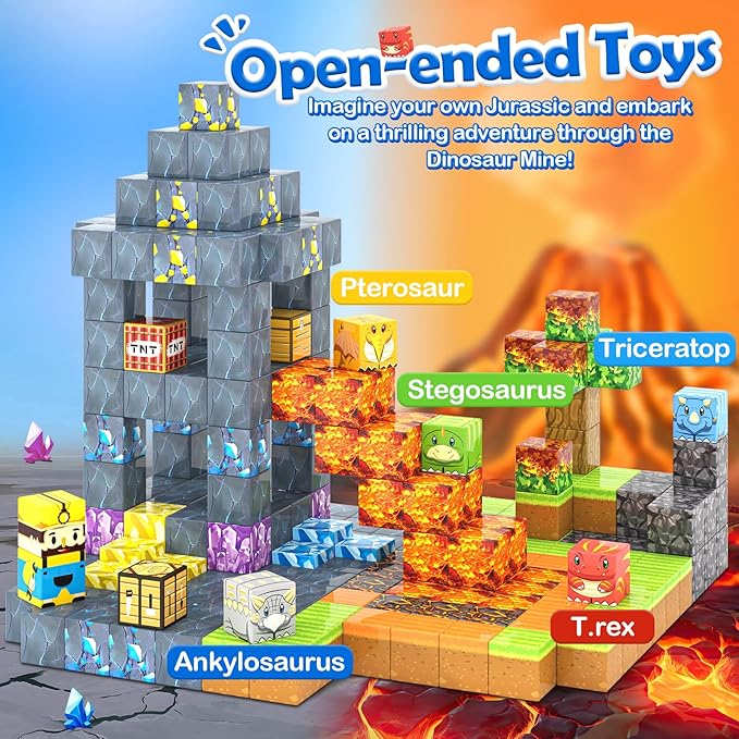 154PCS Large Magnetic Blocks-Build Mine Magnet World Dinosaur & Mine Edition, Building Outdoor Sensory Toys for Kids 3-5, STEM Jurassic Kid Games for Toddler Gifts for Boys and Girls Ages 3 4 5 6 7 8