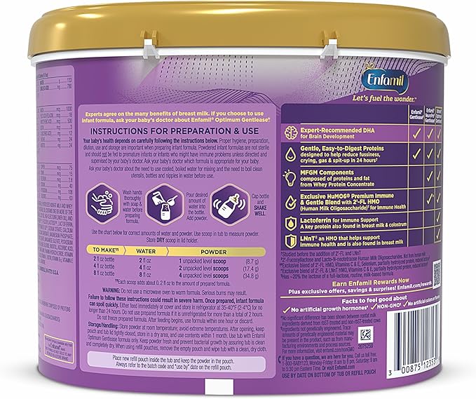 Enfamil Optimum (Enspire) Gentlease, Our Closest Formula to Breast Milk, Immune-Supporting Lactoferrin and Brain-Supporting DHA Baby Formula - Powder 19.5 Oz Tub